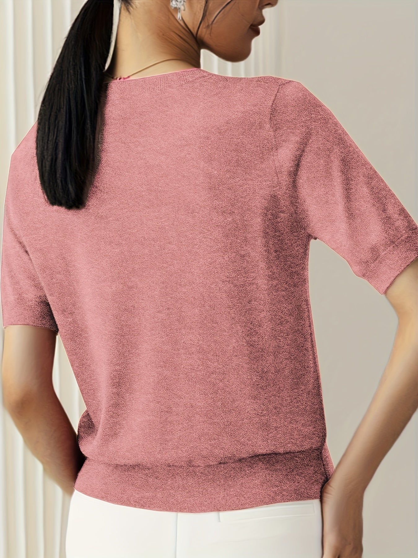 Camiseta de Punto para Mujer de Manga Corta Cuello Redondo Ajuste Entallado