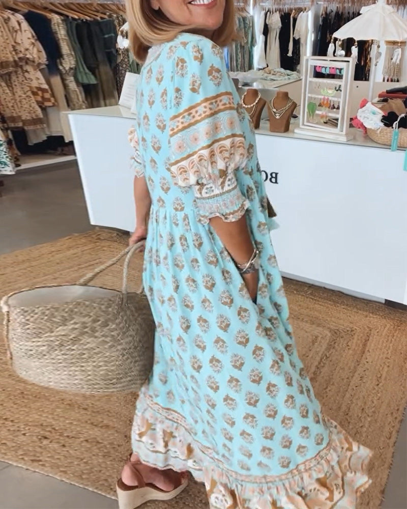 Vestido mujer estampado | cuello en V | mangas medias | uso diario