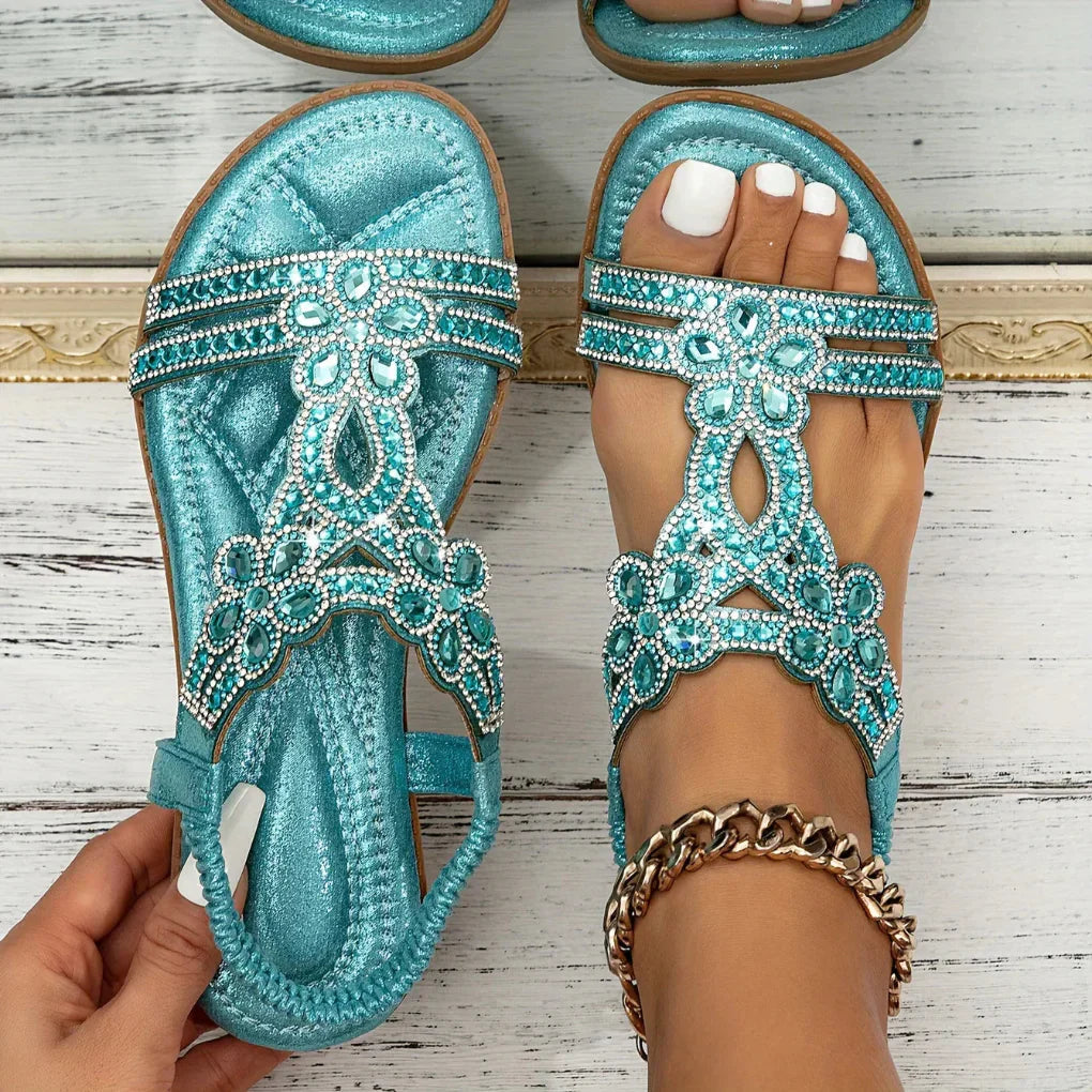 Sandalias Planas de Mujer con Cristales Brillantes y Estilo Bohemio