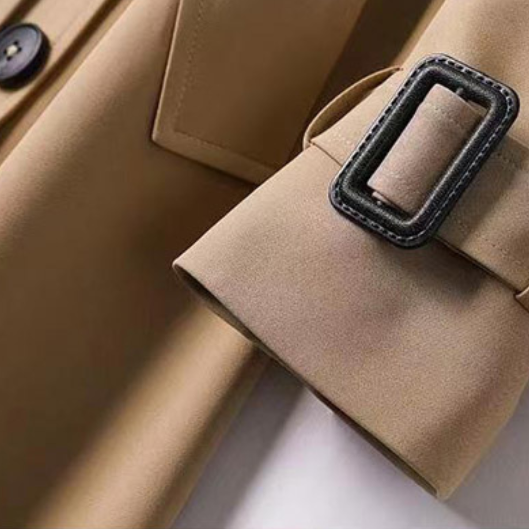 Long trench coat with belt and double-breasted design for women