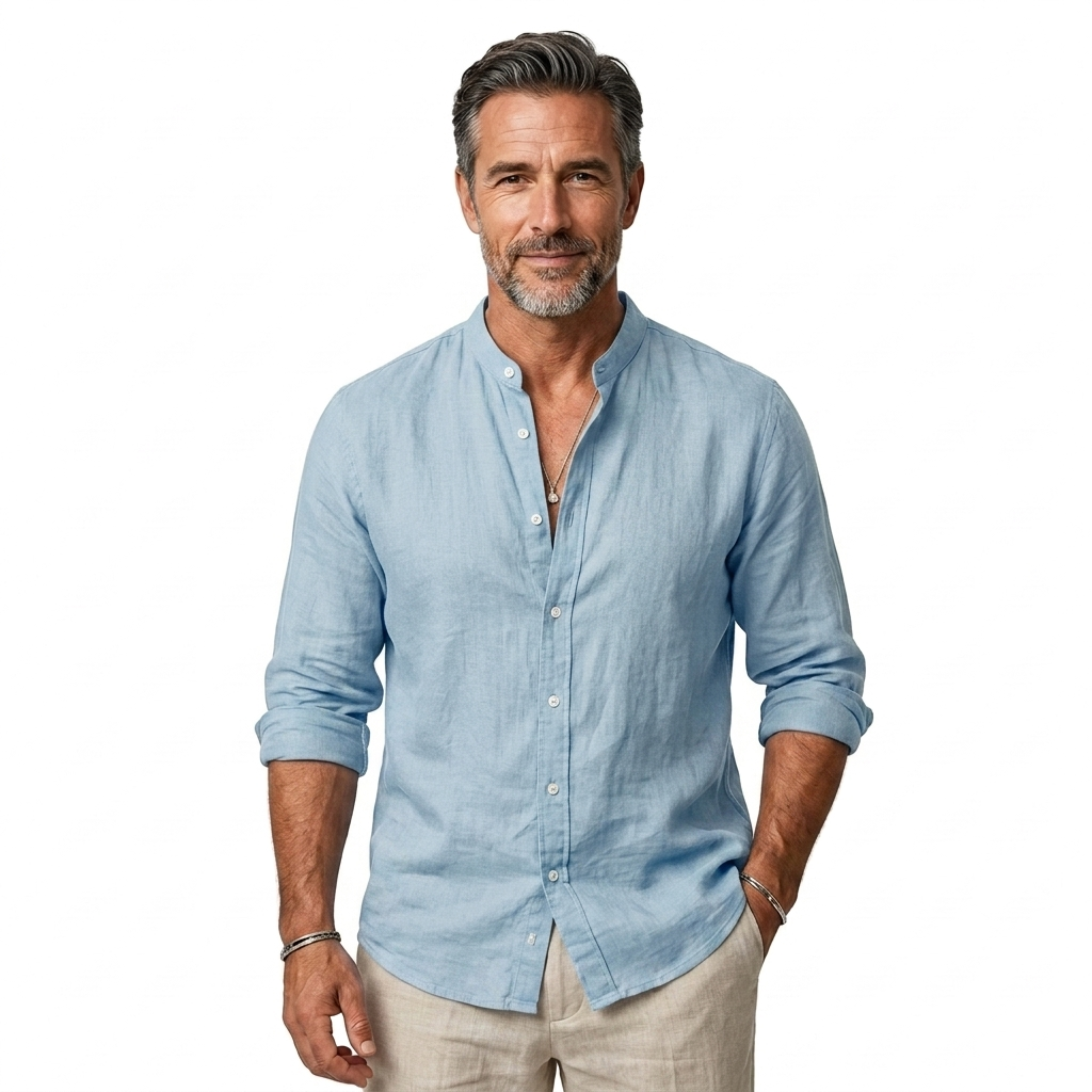 Camisa de lino hombre — cuello clásico y mangas ajustables para diario