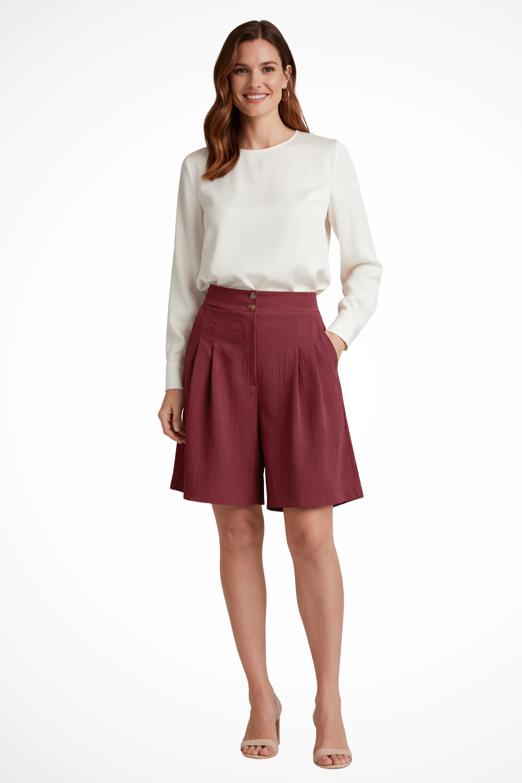 Pantalones Cortos Bermuda de Talle Alto con Pinzas y Corte Sartorial para Mujer