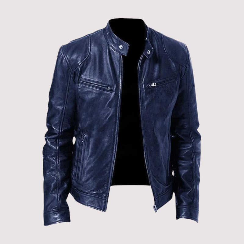 Chaqueta de Cuero para Hombre con Cuello Alto y Cremallera