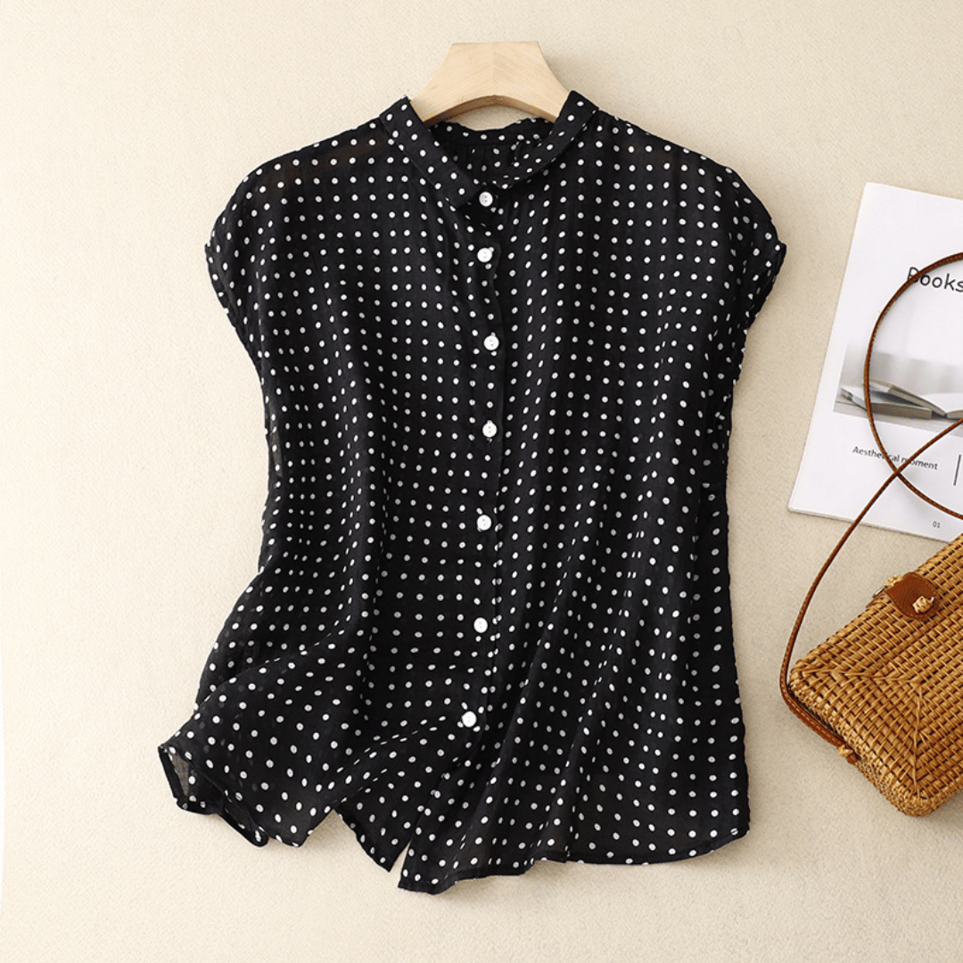Camisa de Algodón y Lino de Manga Corta con Estampado de Lunares para Mujer