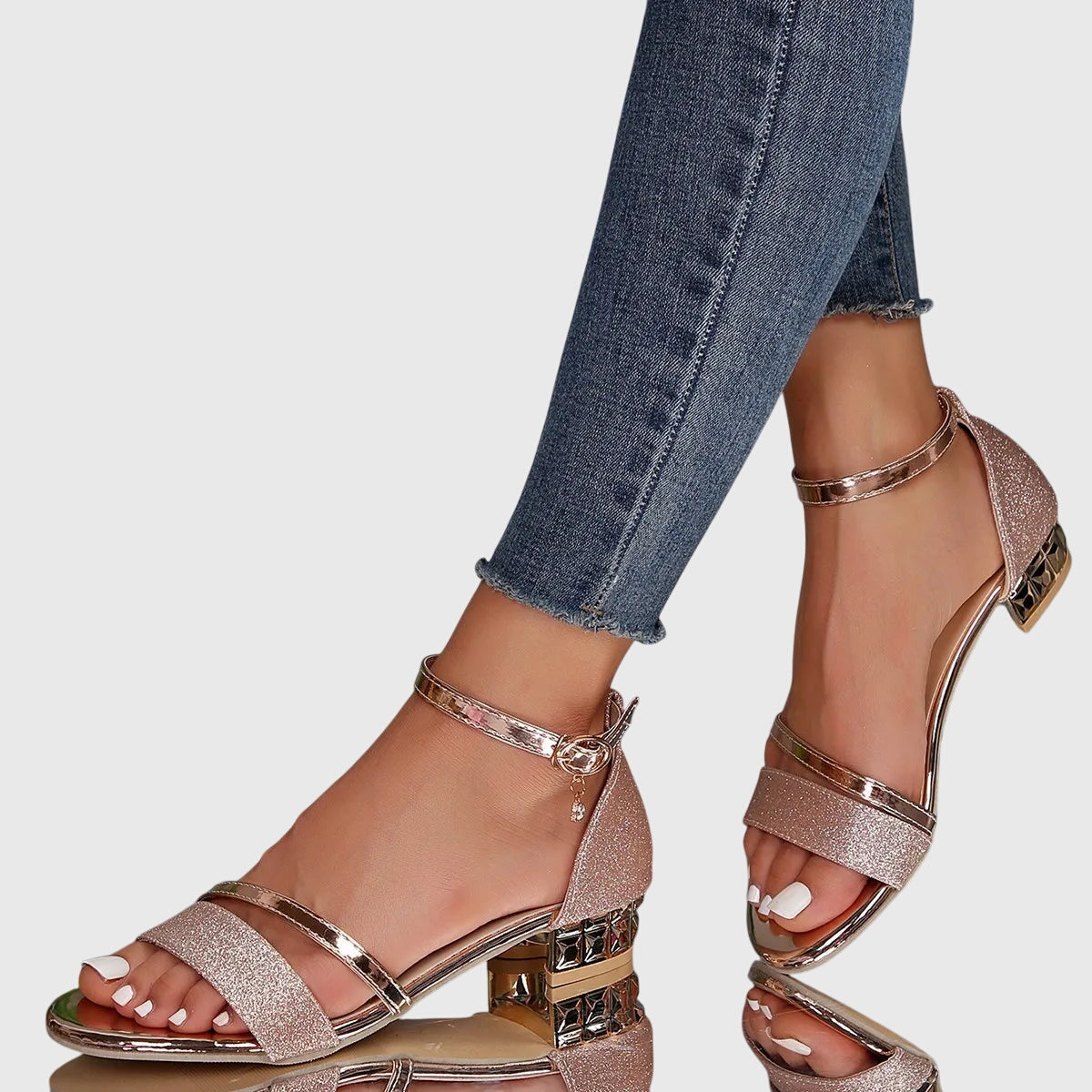 Sandalias de Tacón Bloque Bajo para Mujer Zapatos de Vestir con Hebilla al Tobillo