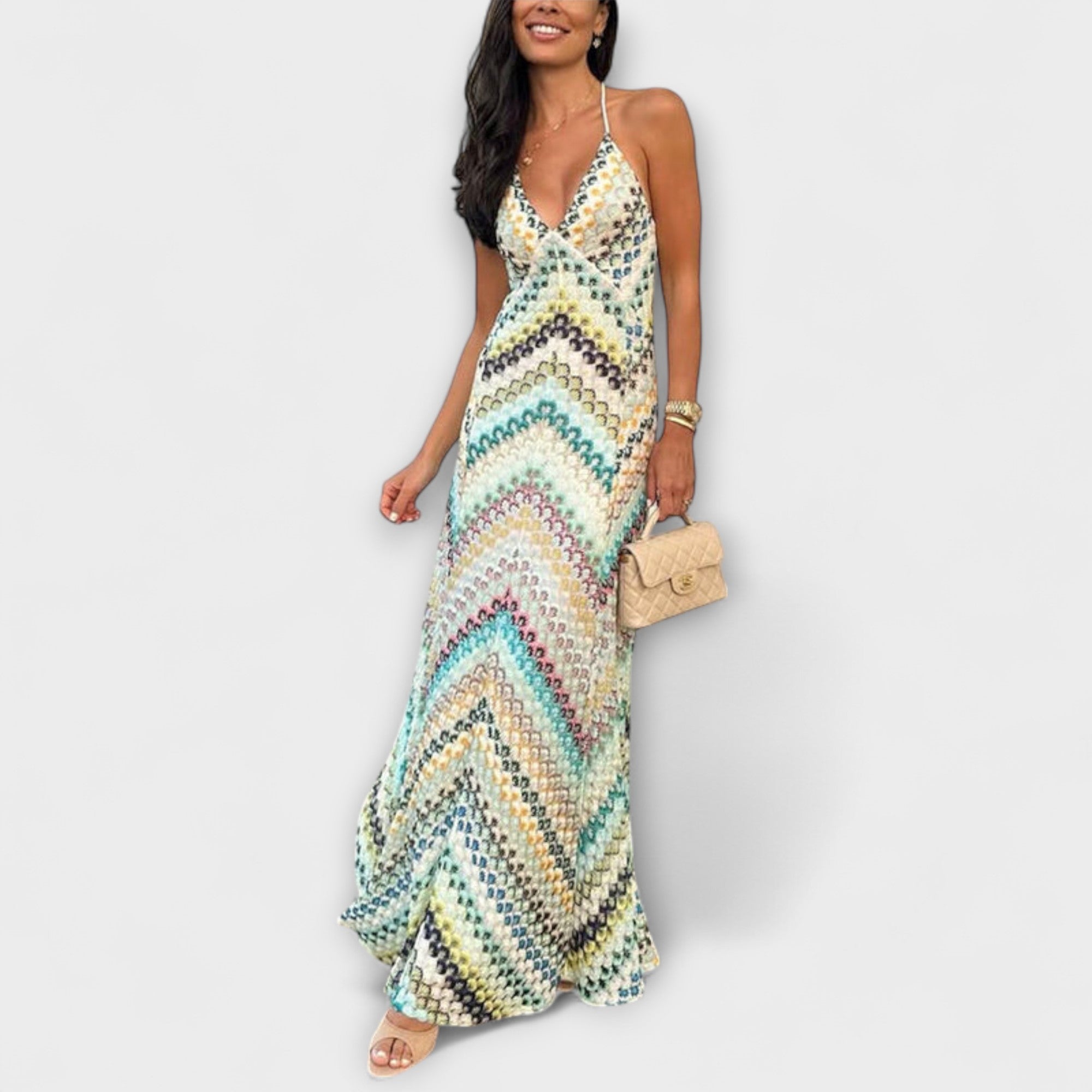Vestido Largo de Punto con Estampado de Zigzag y Escote en V Profundo