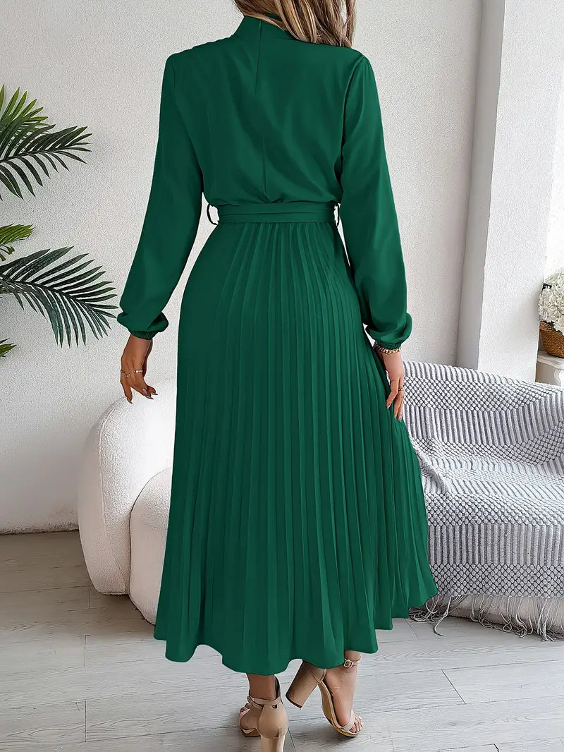 Vestido Largo Plisado de Manga Larga con Cuello Alto y Cinturón para Mujer