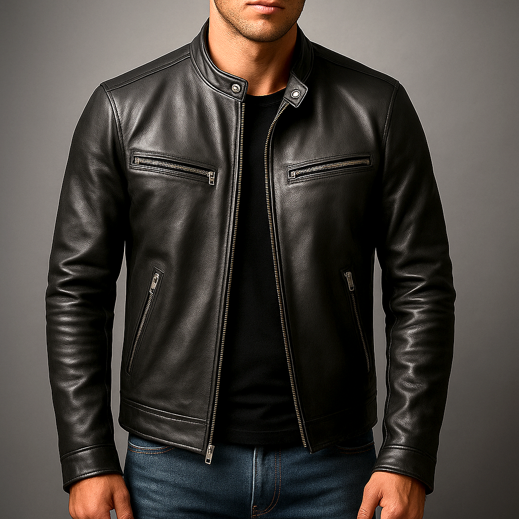 Chaqueta de Cuero de Hombre con Costuras Reforzadas y Cuatro Bolsillos