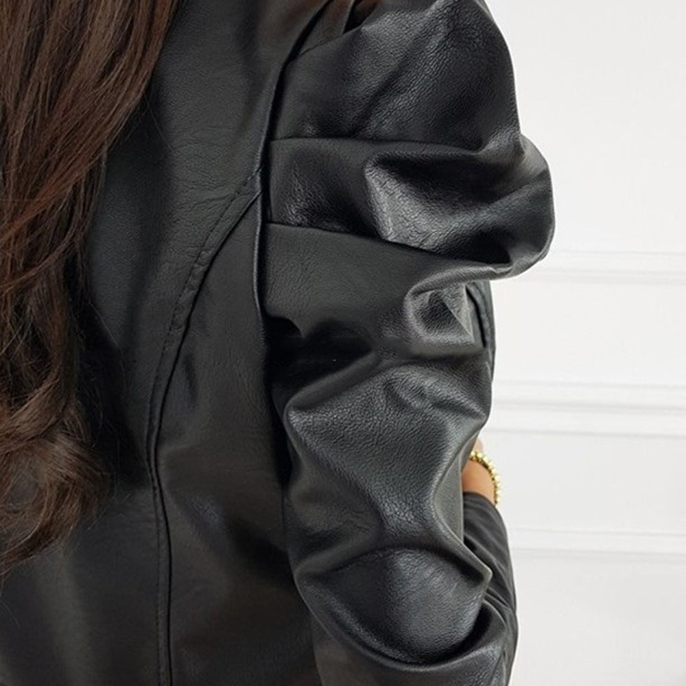Chaqueta de Cuero Sintético para Mujer con Cremallera y Cuello Redondo de Corte Slim
