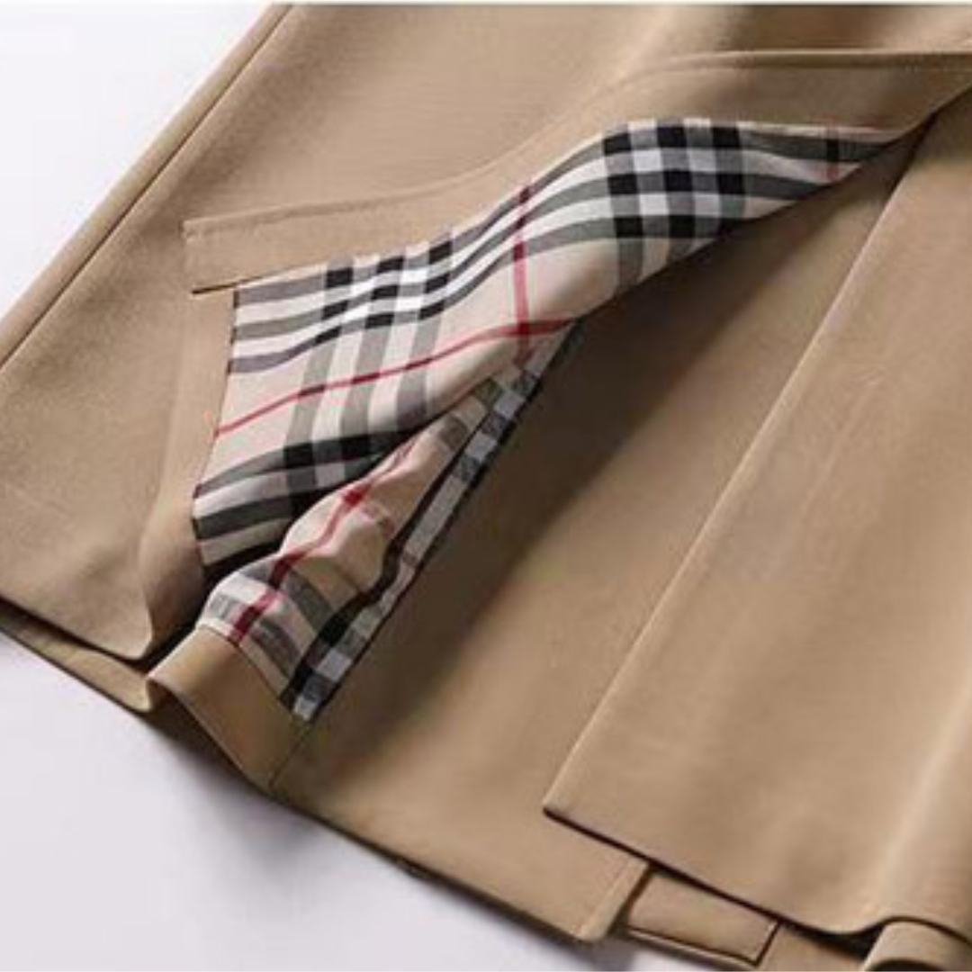 Long trench coat with belt and double-breasted design for women