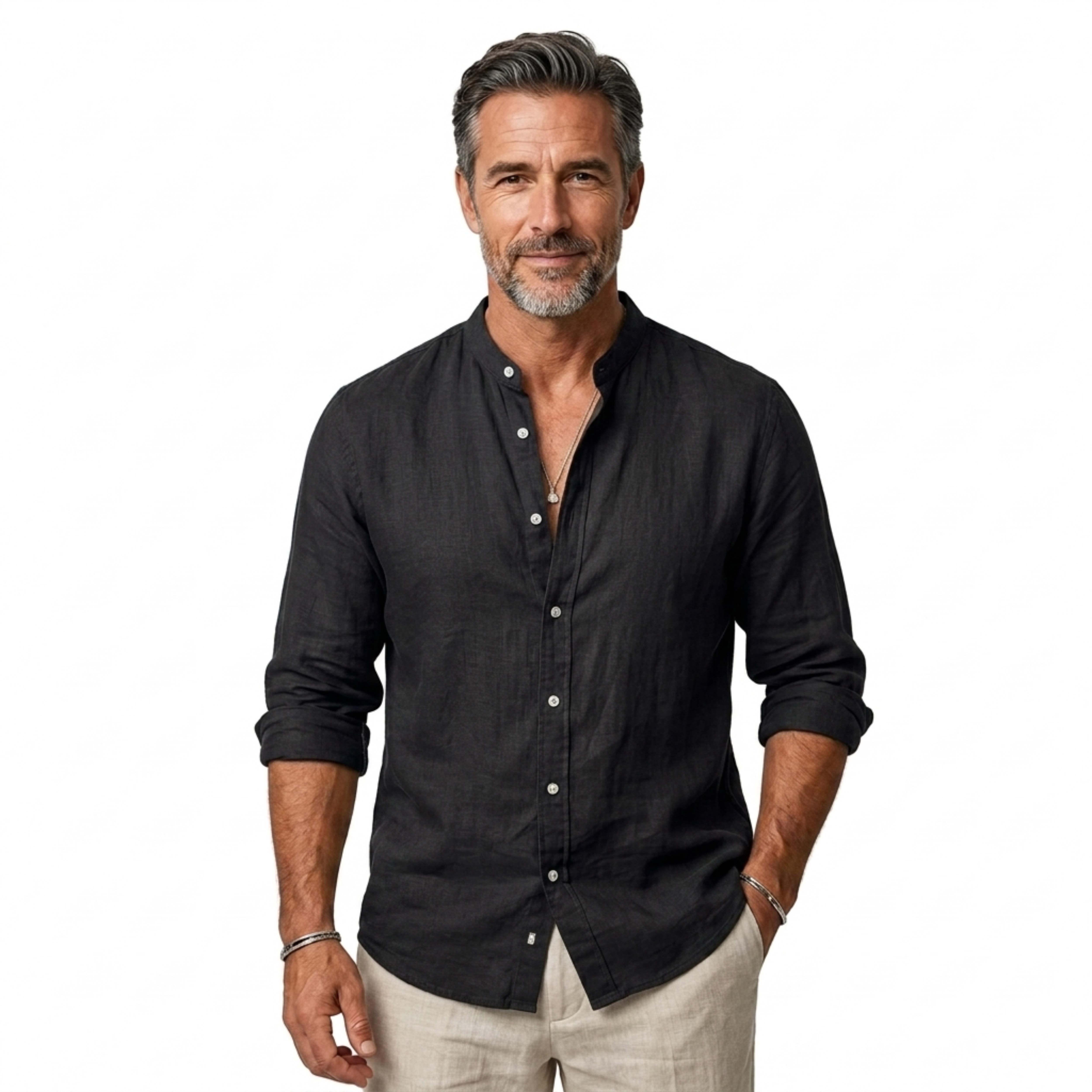 Camisa de lino hombre — cuello clásico y mangas ajustables para diario