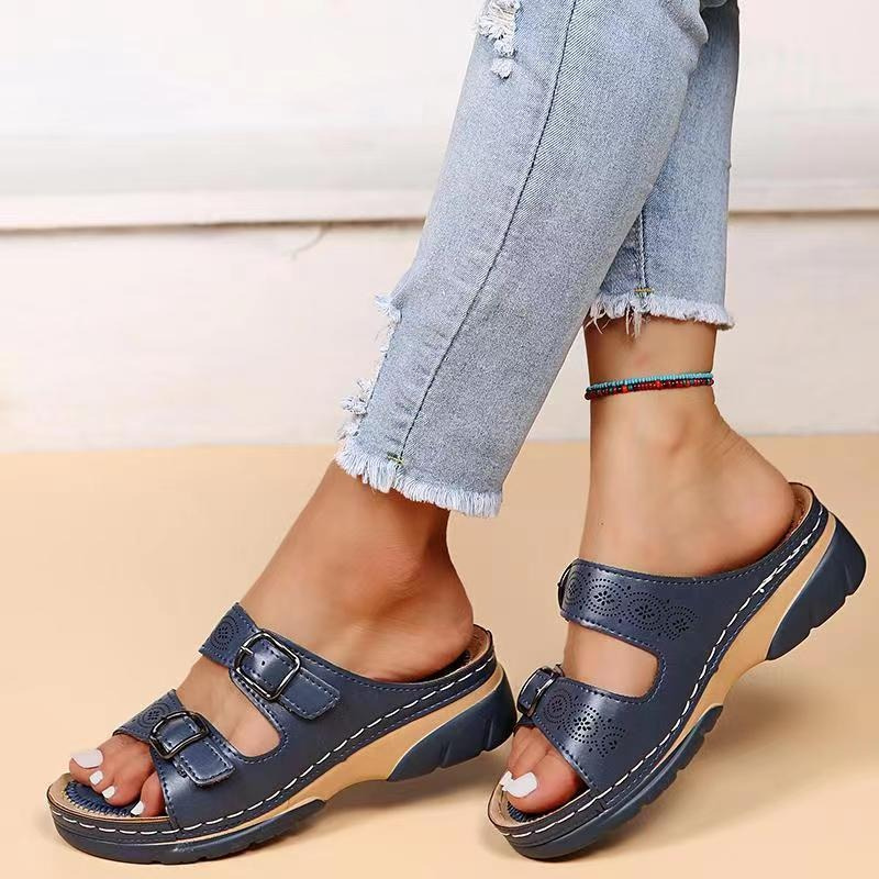Sandalias de Cuña con Doble Hebilla y Plataforma Antideslizante para Mujer