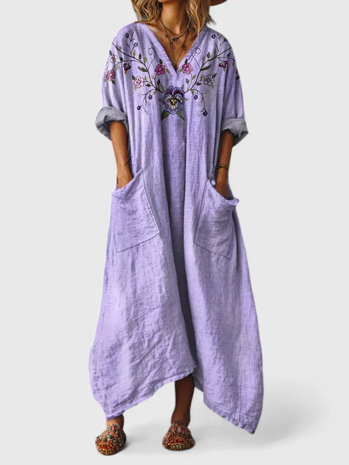 Vestido Largo para Mujer con Cuello en V y Estampado de Flores Estilo Vintage