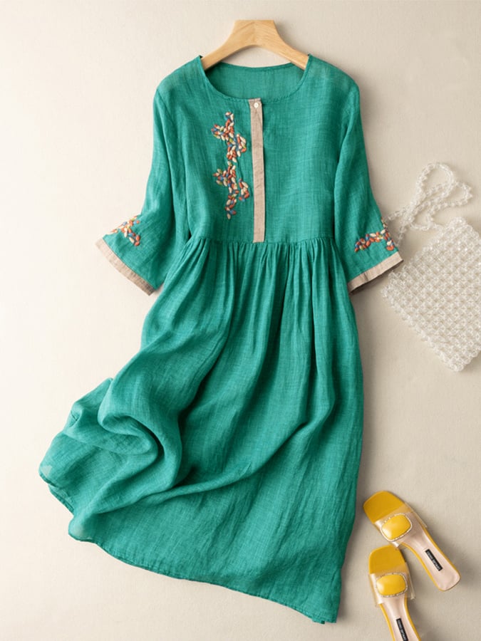 Vestido bordado algodón lino | corte holgado | estilo bohemio | diario
