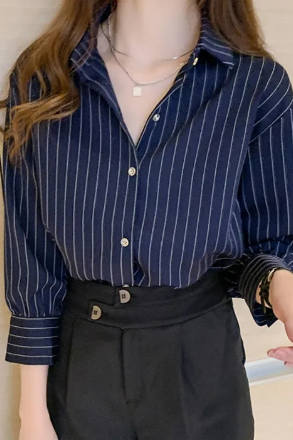 Camisa de Rayas para Mujer Manga Larga con Cuello de Solapa y Botones