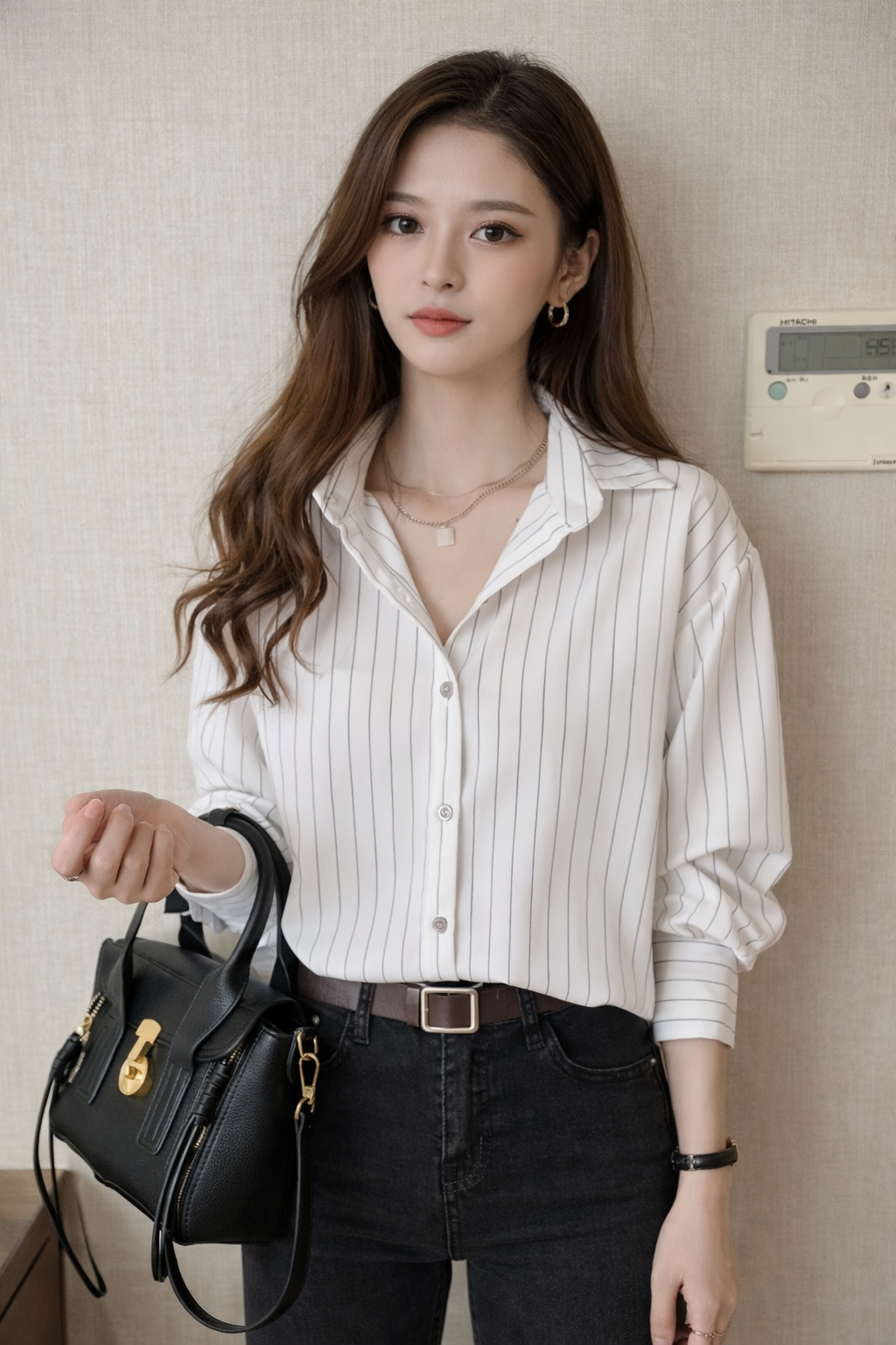 Camicia a Righe da Donna a Manica Lunga con Colletto a Risvolto e Bottoni