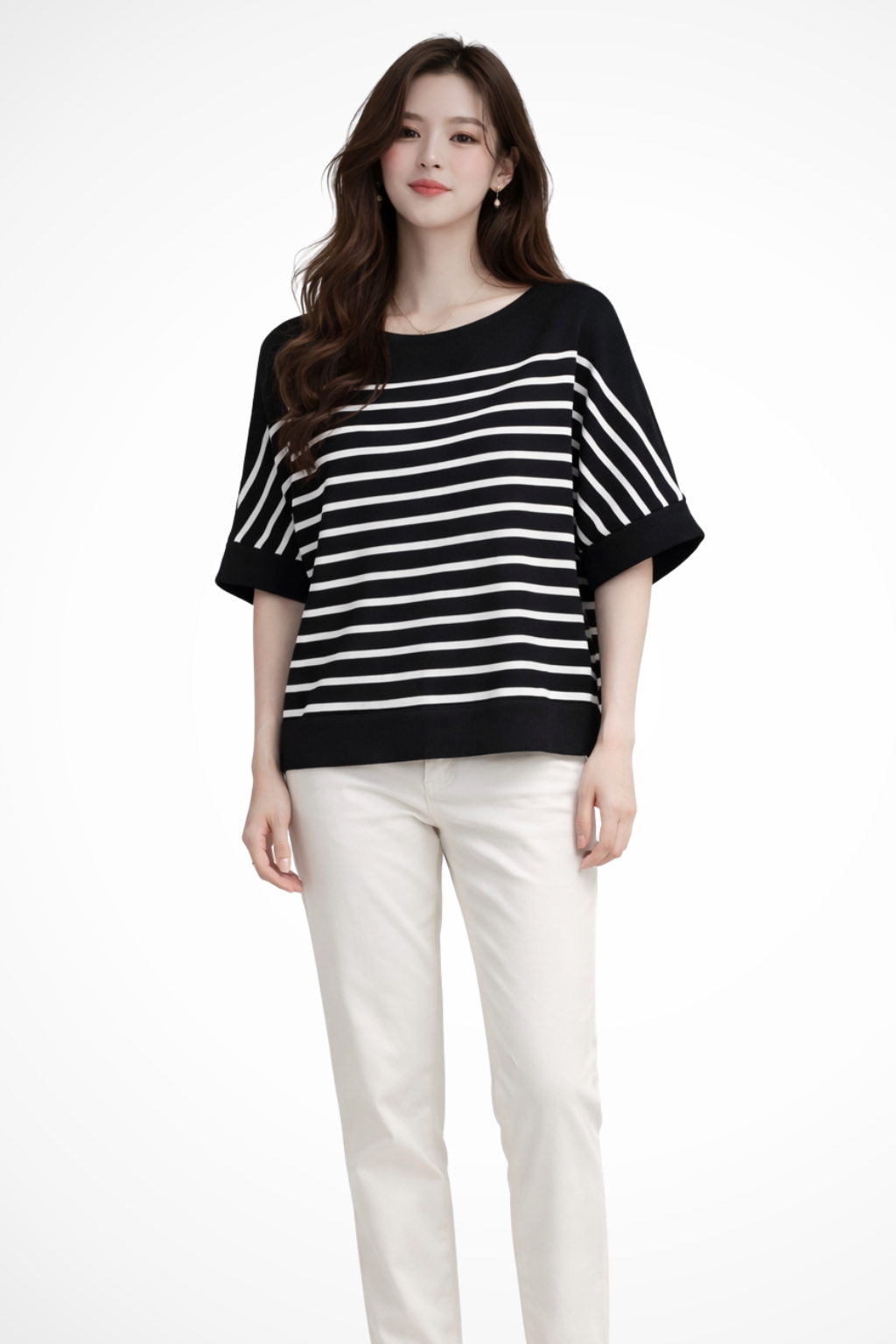 Camiseta de Rayas para Mujer con Cuello Redondo y Ajuste Oversize