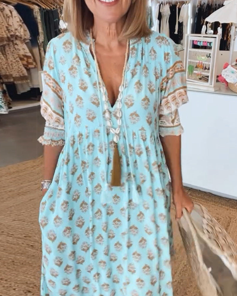 Vestido mujer estampado | cuello en V | mangas medias | uso diario