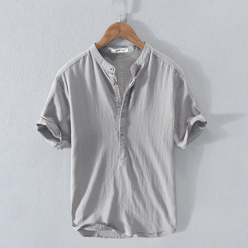 Camiseta de Lino y Algodón para Hombre de Manga Corta con Cuello Henley de Botones