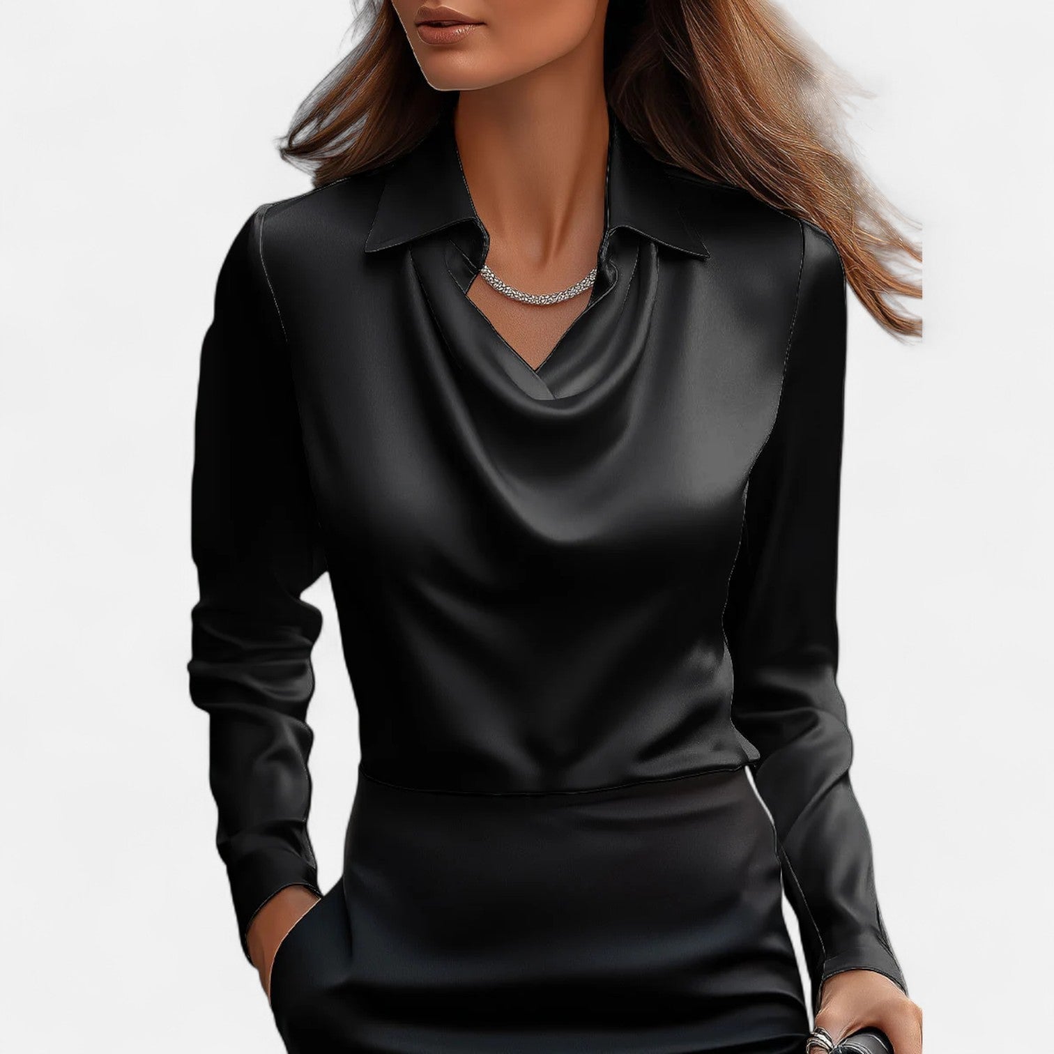 Blusa de satén con escote drapeado para mujer — oficina y eventos