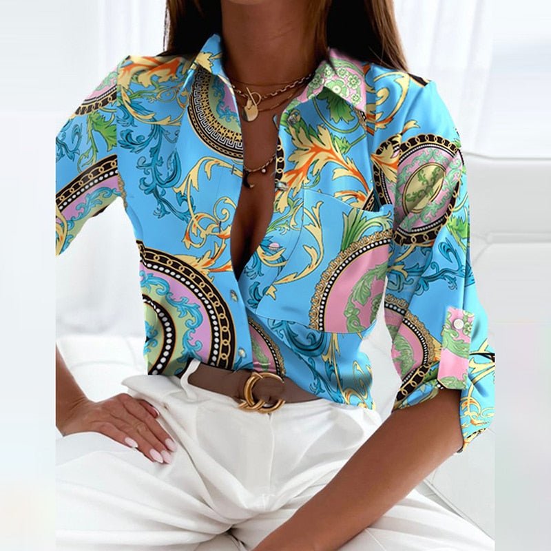Camisa de satén para mujer — Estampado gráfico y ajuste entallado para oficina