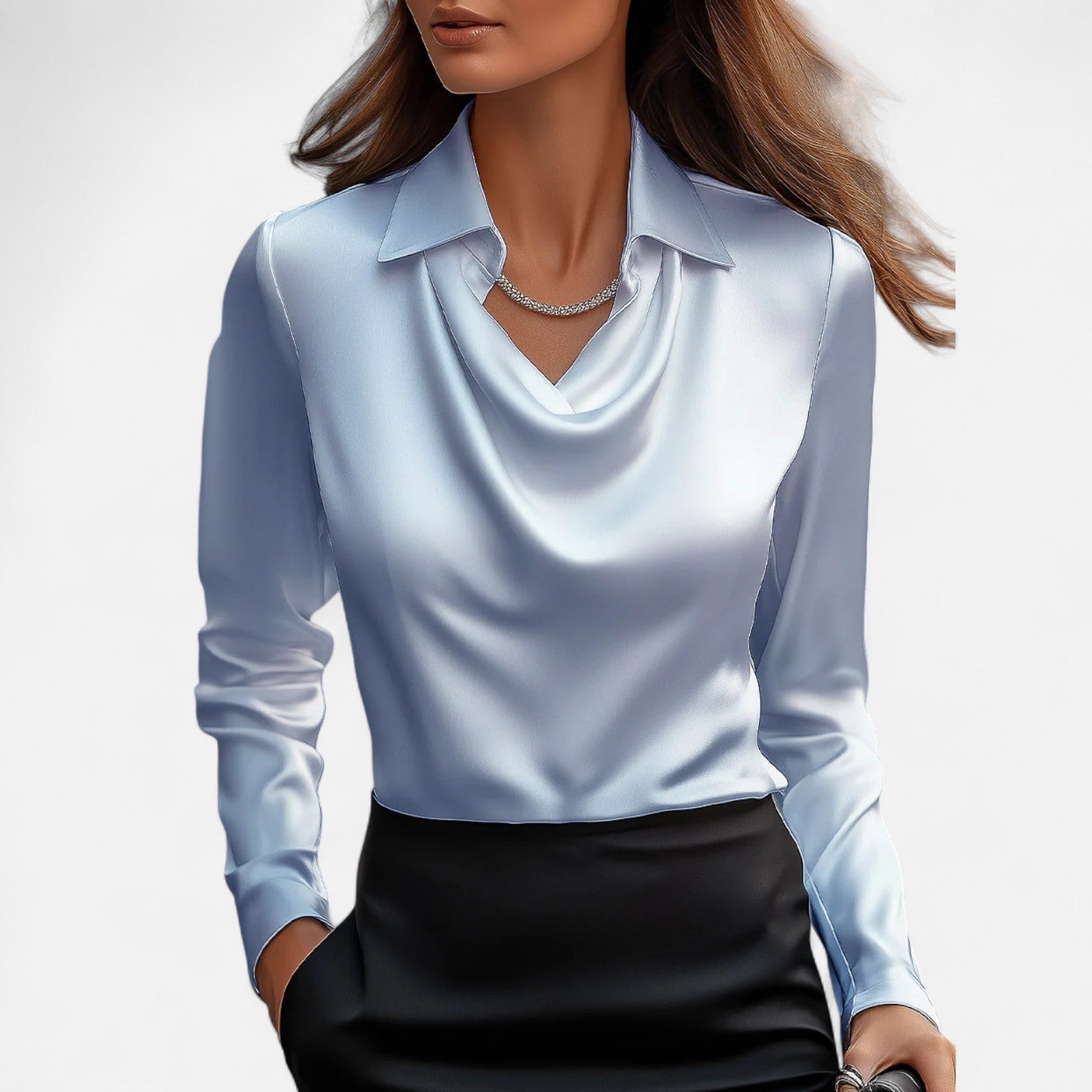 Blusa de satén con escote drapeado para mujer — oficina y eventos