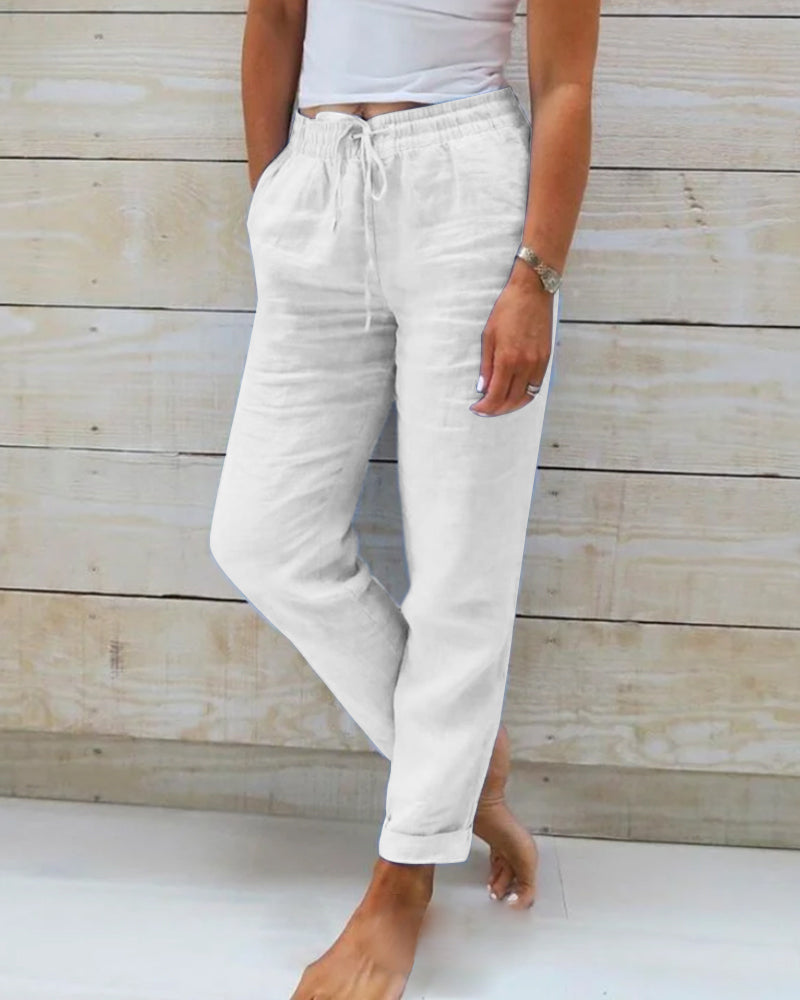 Pantalones de lino y algodón para mujer — Rectos con cintura elástica casual&nbsp;
