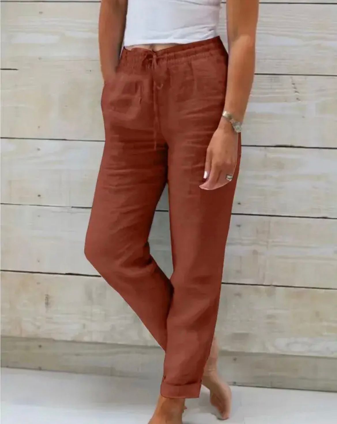 Pantaloni in lino e cotone da donna — Dritti con vita elastica casual