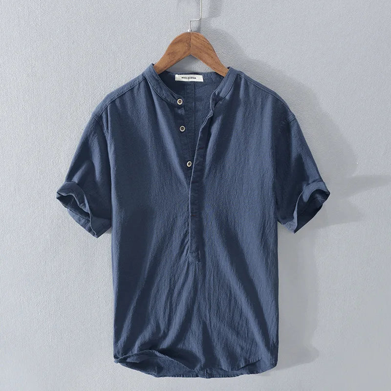Camiseta de Lino y Algodón para Hombre de Manga Corta con Cuello Henley de Botones