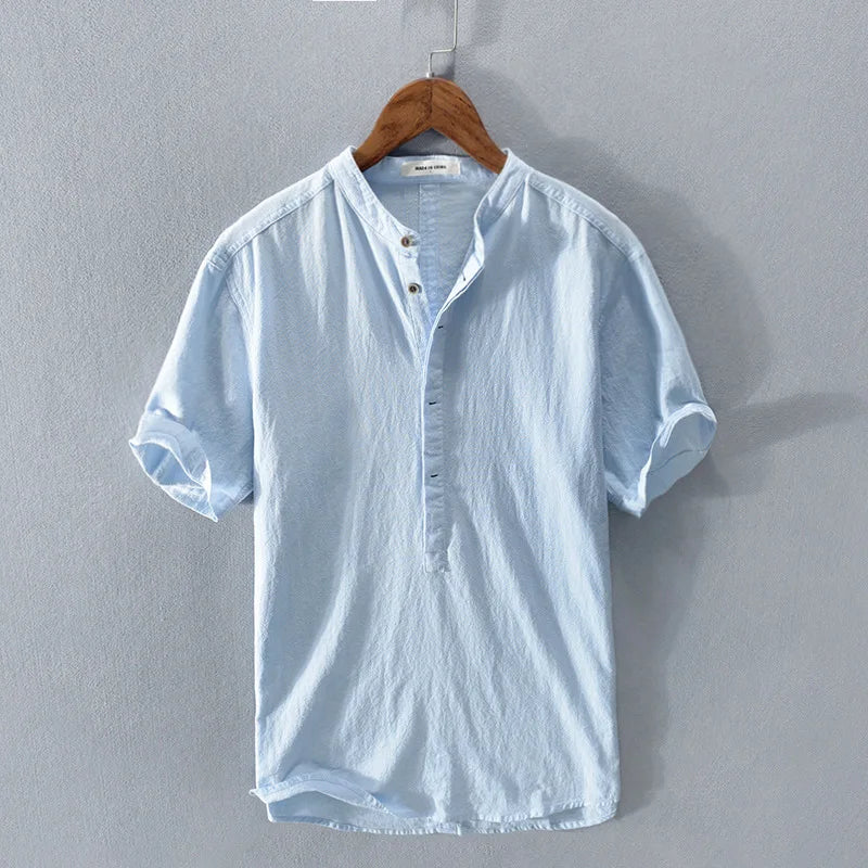 Camiseta de Lino y Algodón para Hombre de Manga Corta con Cuello Henley de Botones
