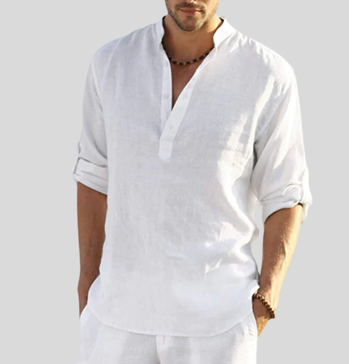 Camisa de lino para hombre - cuello Henley de manga larga - playa