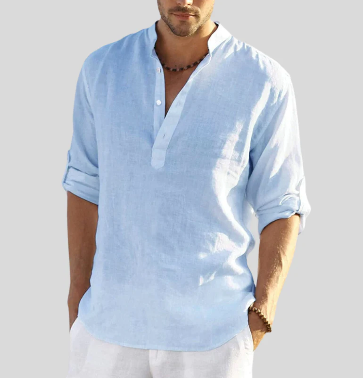 Camisa de lino para hombre - cuello Henley de manga larga - playa