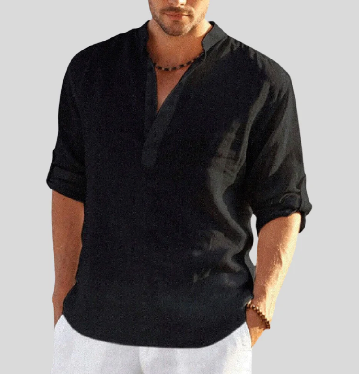 Camisa de lino para hombre - cuello Henley de manga larga - playa