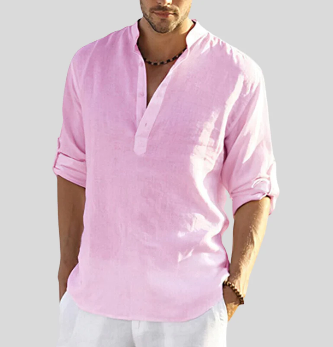 Camisa de lino para hombre - cuello Henley de manga larga - playa