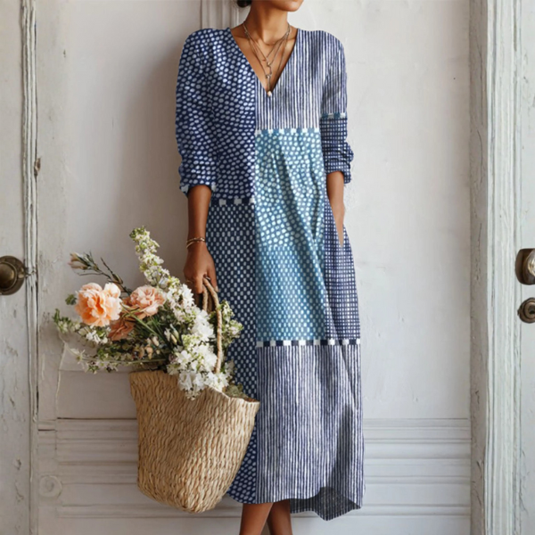 Vestido Largo de Lino para Mujer Estampado Geométrico Retro con Bolsillos