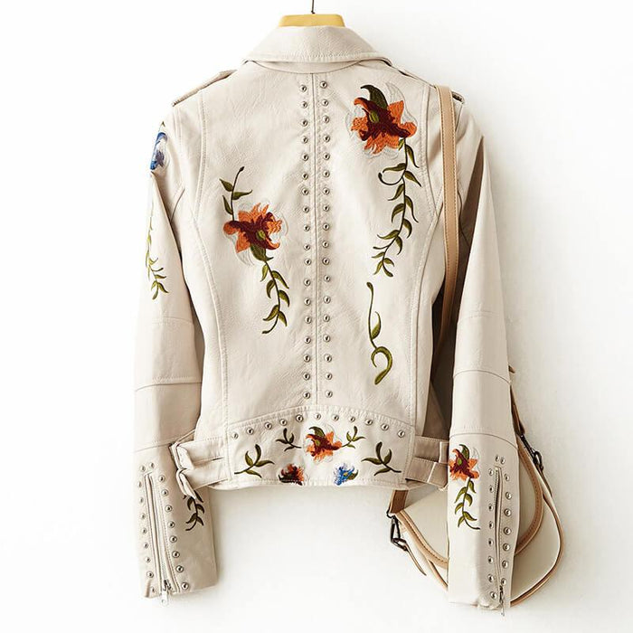 Chaqueta Biker de Cuero Sintético para Mujer con Bordados Florales y Tachuelas