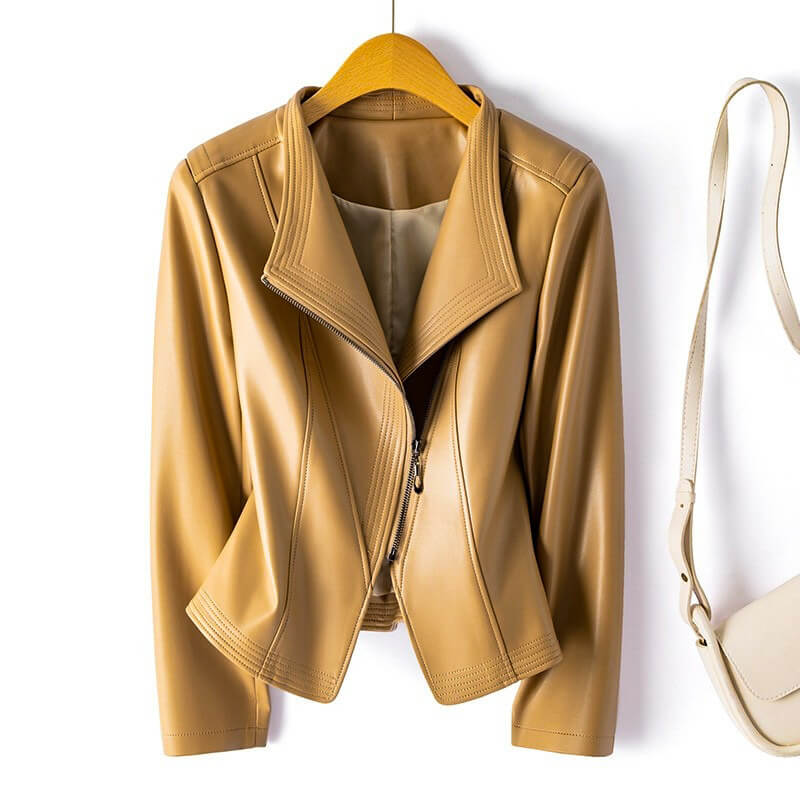Chaqueta Biker de Cuero Sintético para Mujer con Cremallera Asimétrica y Solapa Ancha