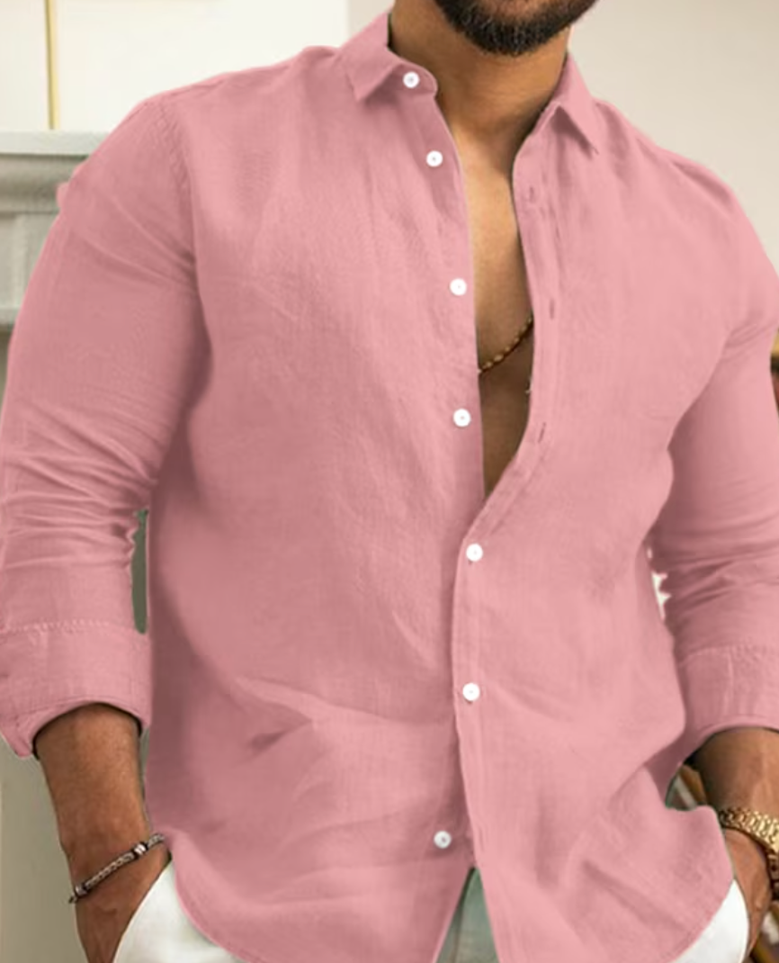 Camisa de lino y algodón para hombre de manga larga con corte entallado y solapas