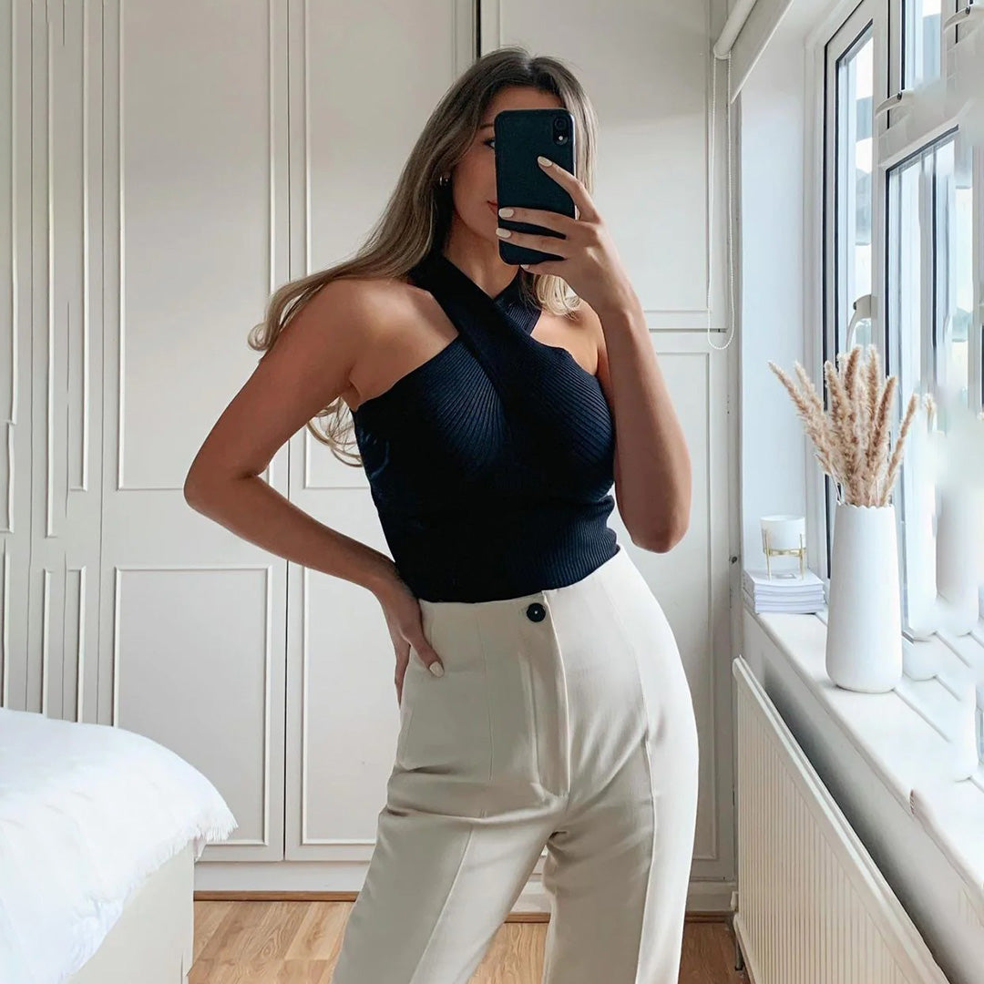 Top Halter de Punto Acanalado para Mujer con Diseño Cruzado y Espalda Abierta