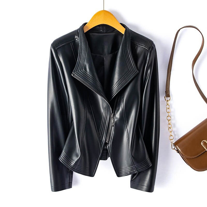 Chaqueta Biker de Cuero Sintético para Mujer con Cremallera Asimétrica y Solapa Ancha
