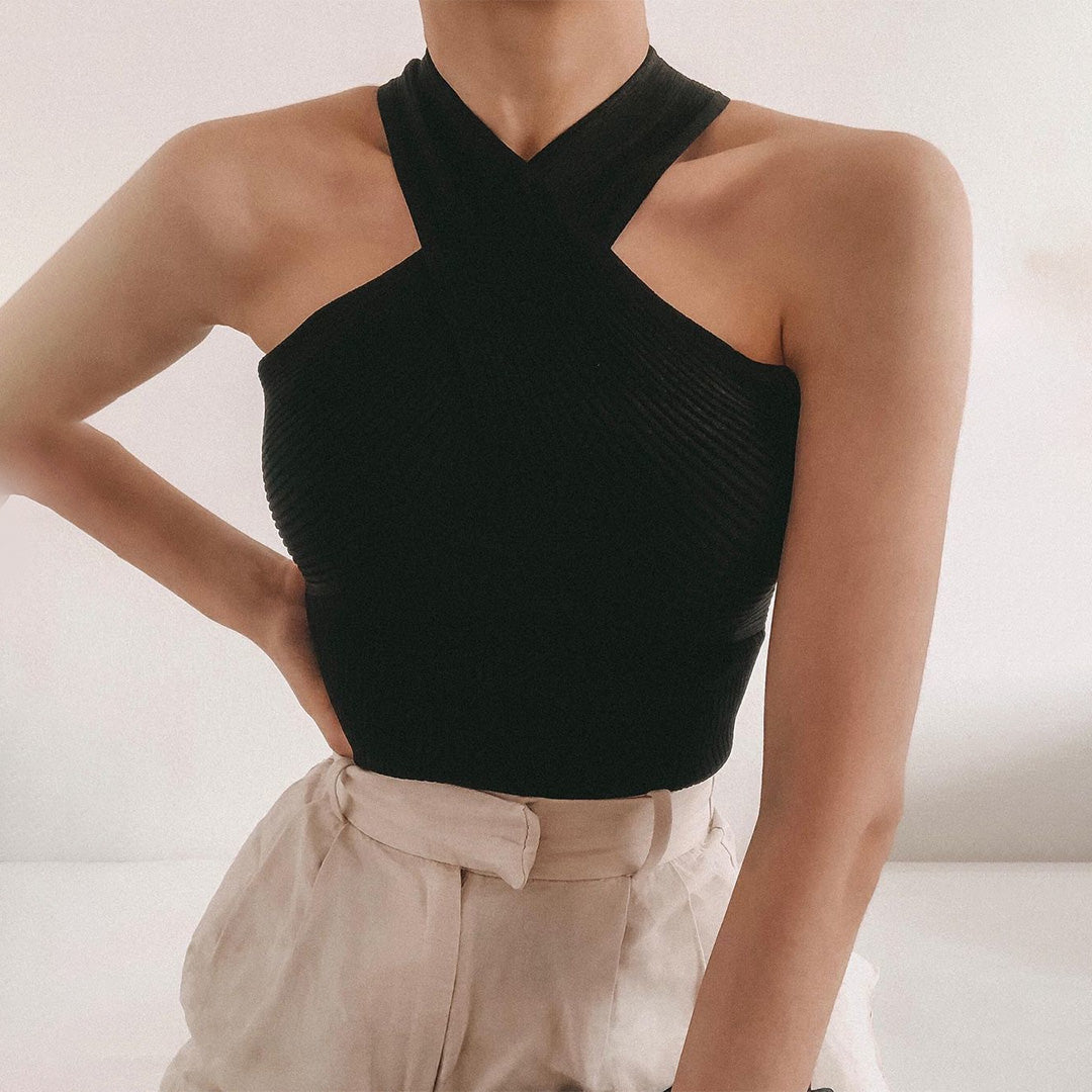 Top Halter de Punto Acanalado para Mujer con Diseño Cruzado y Espalda Abierta