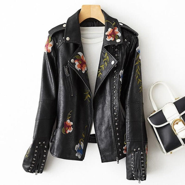 Veste Biker en Cuir Synthétique pour Femme avec Broderies Florales et Clous