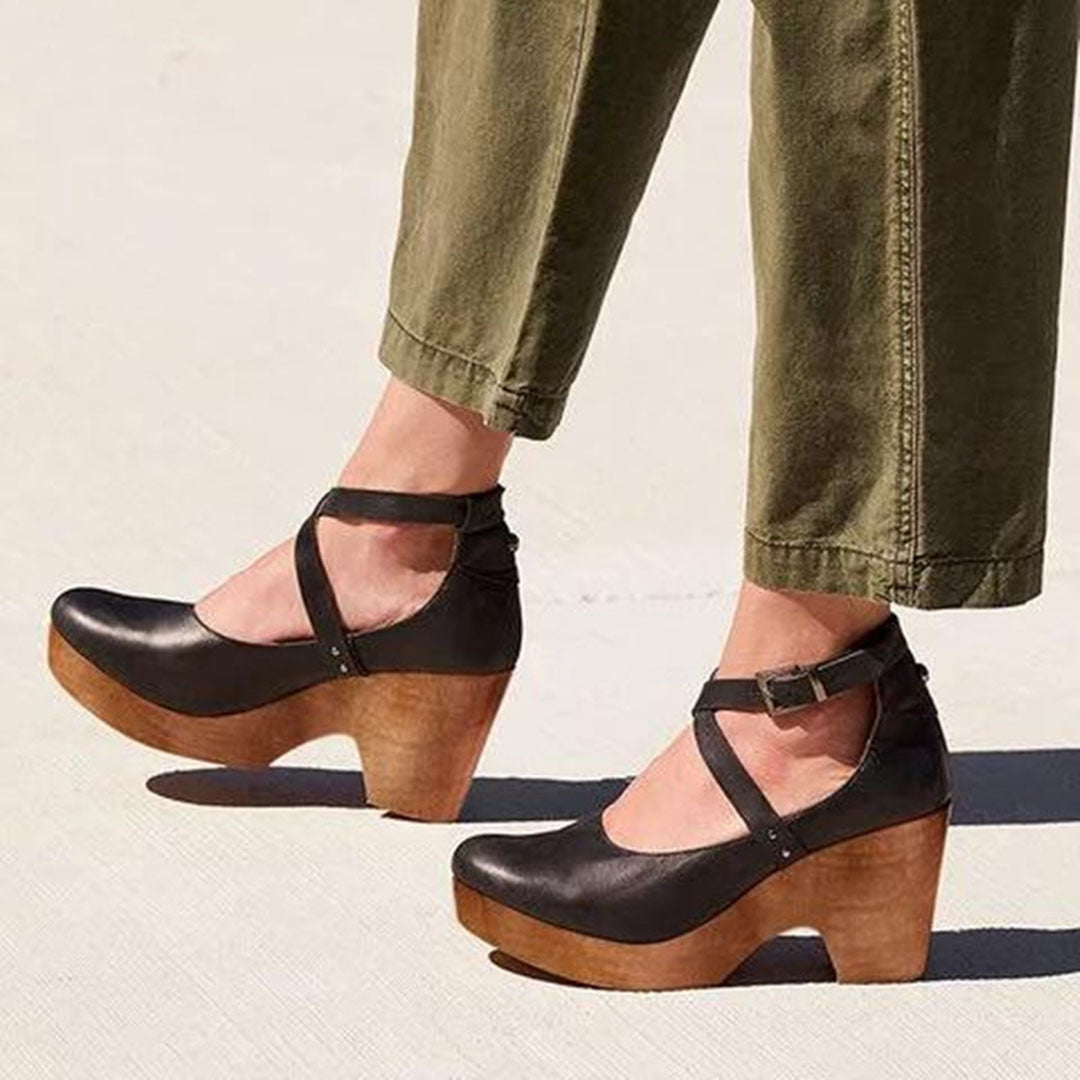 Zapatos de Cuña con Punta Cerrada y Correa Ajustable al Tobillo para Mujer