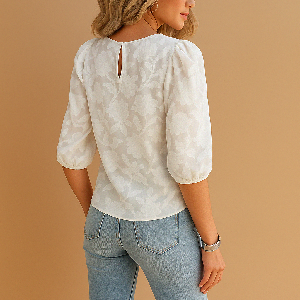 Blusa mujer manga abullonada cuello redondo elegante