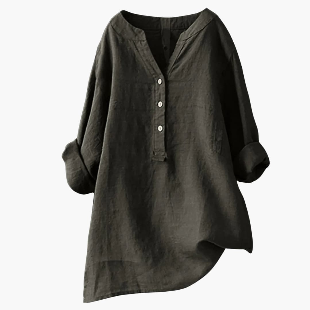 Blusa de lino para mujer de manga larga con cuello en V y botones casual holgada