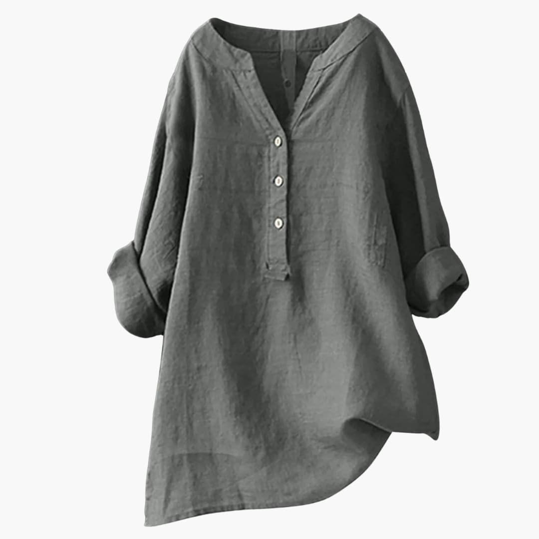 Blusa de lino para mujer de manga larga con cuello en V y botones casual holgada