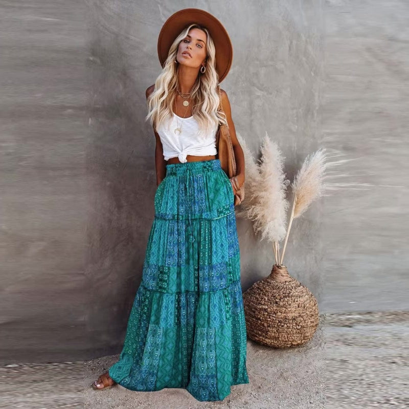 Falda maxi para mujer con estampado floral y cintura alta — playa