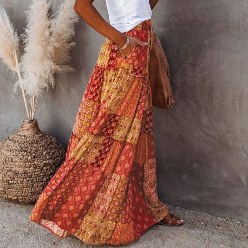 Saia maxi para mulher com estampado floral e cintura alta — praia