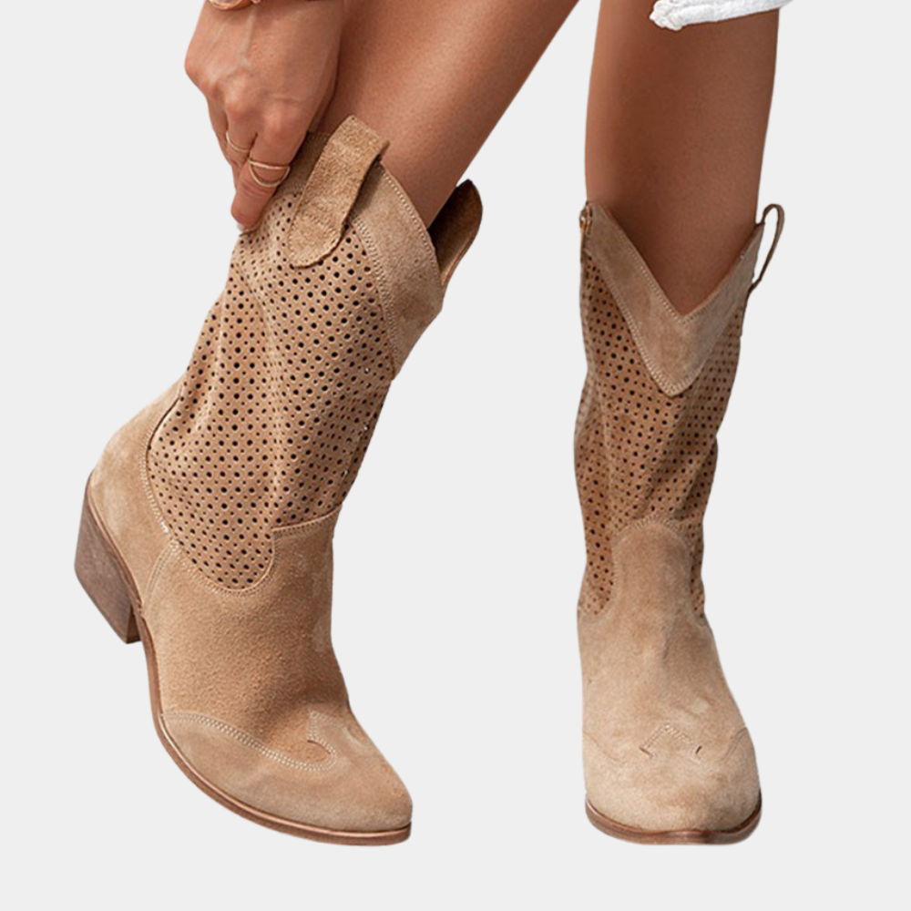 Botines Western para Mujer con Paneles Perforados y Puntera Redonda
