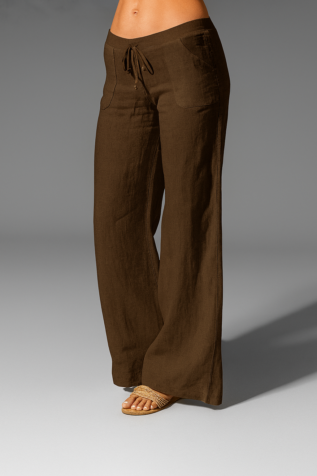 Pantalones anchos mujer lino cintura elástica cordón